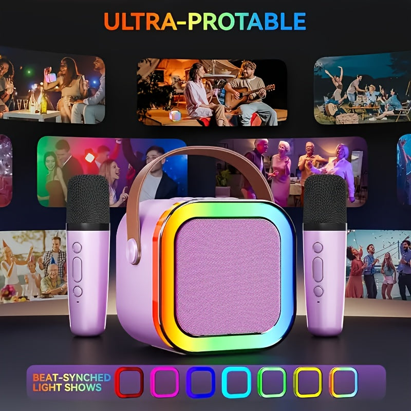 Portable adult karaoke machine with 2 wireless microphones, RGB lighting, TF card/USB support, gift box packaging in purple/black. Compatible with all smartphones.