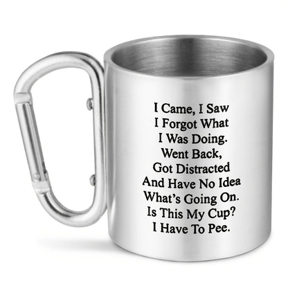 Humorous senior camping coffee mug - 11oz stainless steel with handle. Ideal gift for elderly parents and grandparents on special occasions. BPA-free and reusable.