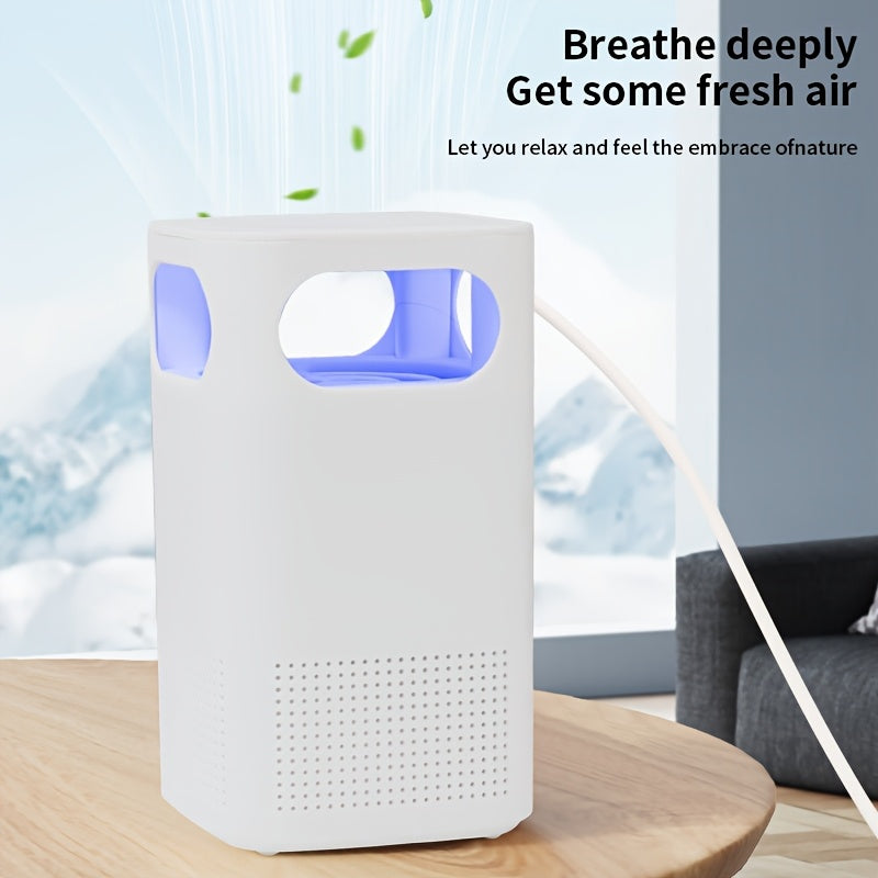 USB-powered air purifier with strong duct system, high-speed motors, quiet operation, and blue LED lights; ideal for bedroom, kitchen, and living room use.