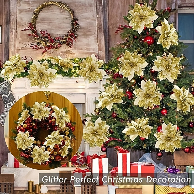 10 golden and silvery artificial Christmas decorations with red flowers, shiny ornaments, tree flower decorations, DIY wreath, holiday grass, and family party decor.