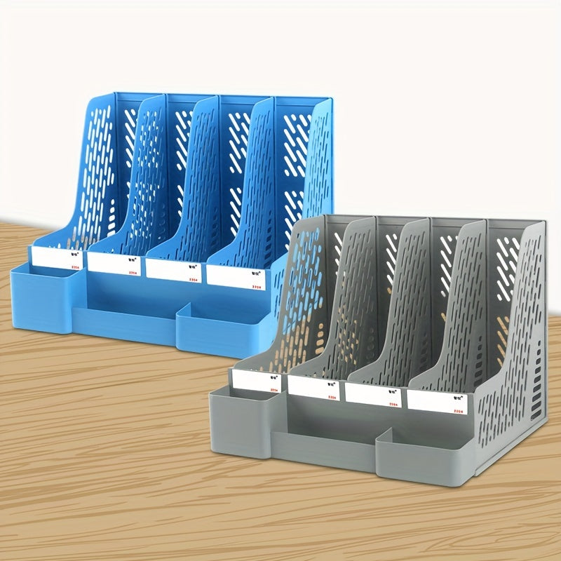 Desktop file rack with pen holder, ideal for organizing office supplies.