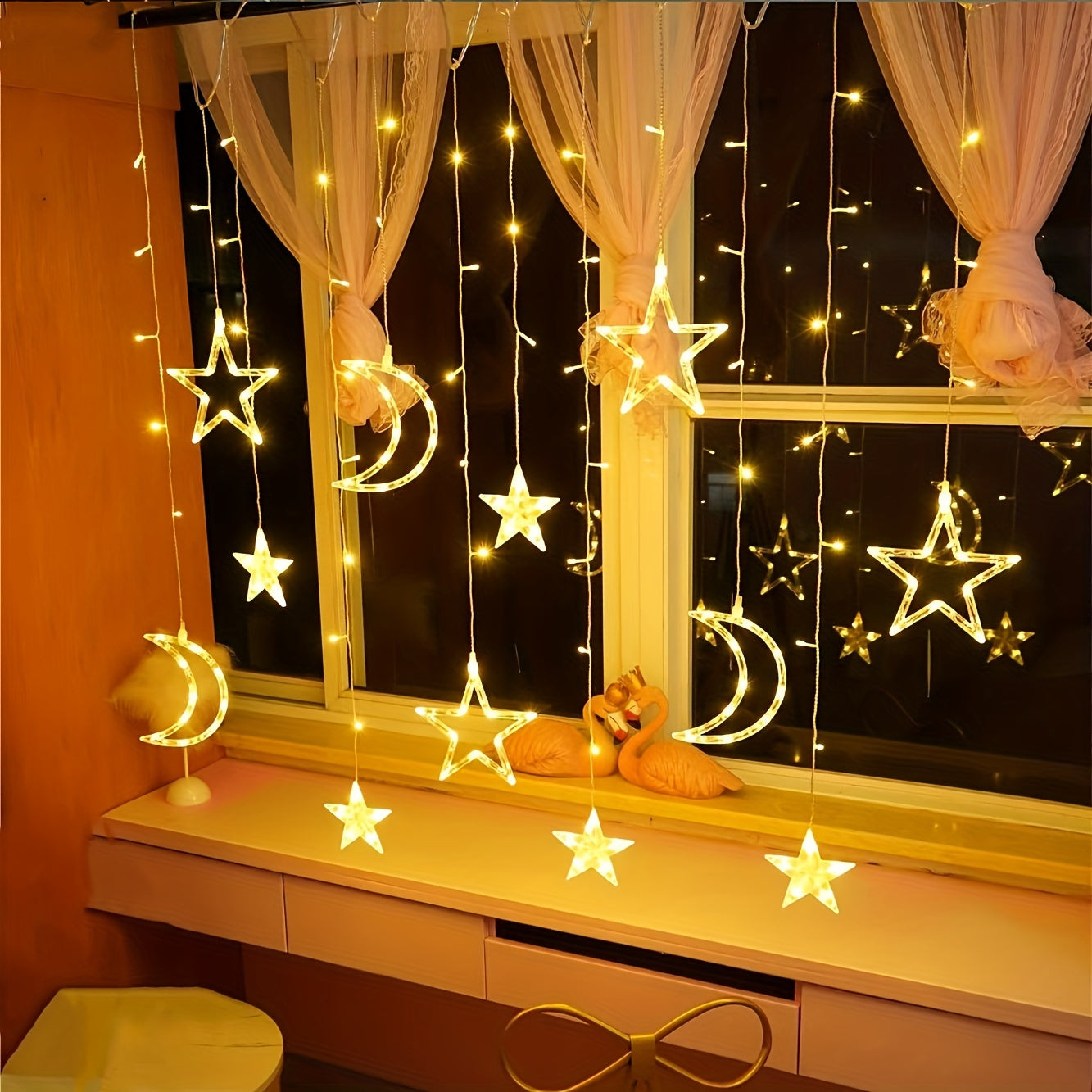 1 set of LED fairy curtain lights with stars and moon for decoration during various events including Ramadan, Valentine's Day, weddings, birthdays, graduation ceremonies, parties, and