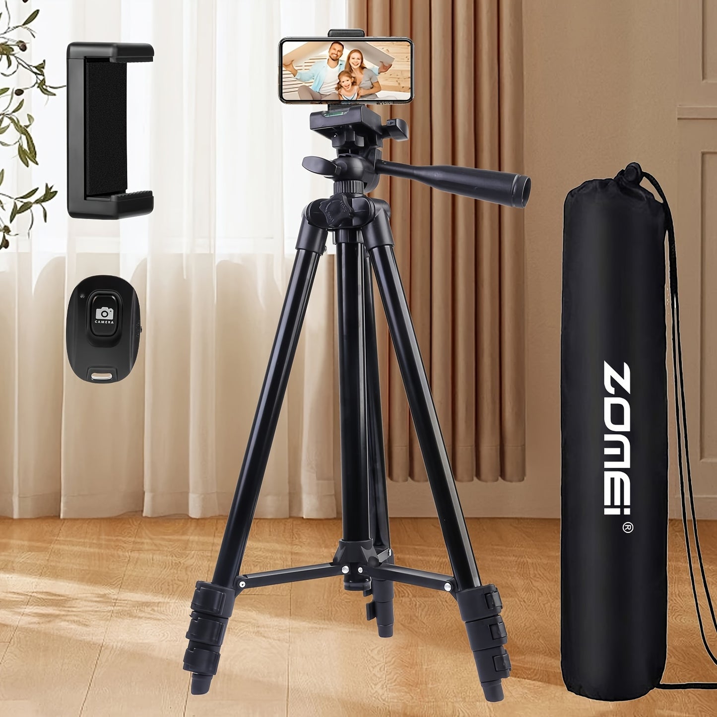 ZOMEI 129.54cm Aluminum Tripod with Remote Control and Phone Holder for Recording Meetings and Live Streaming Outdoors, Button Battery Powered.