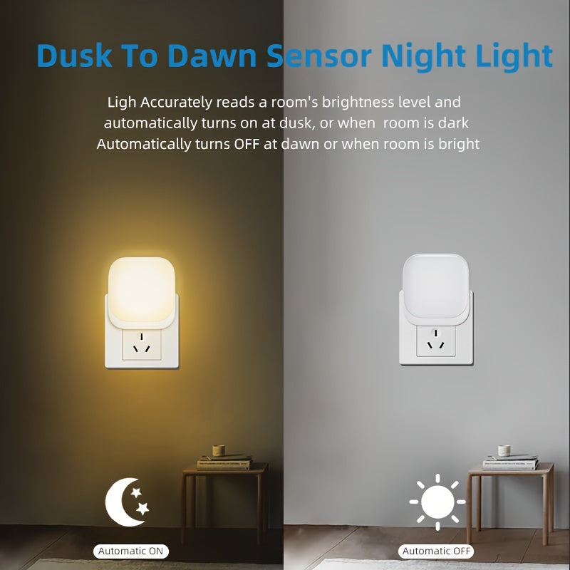 Energy-efficient LED night light with smart sensing, light sensor, and wall mount for various rooms.