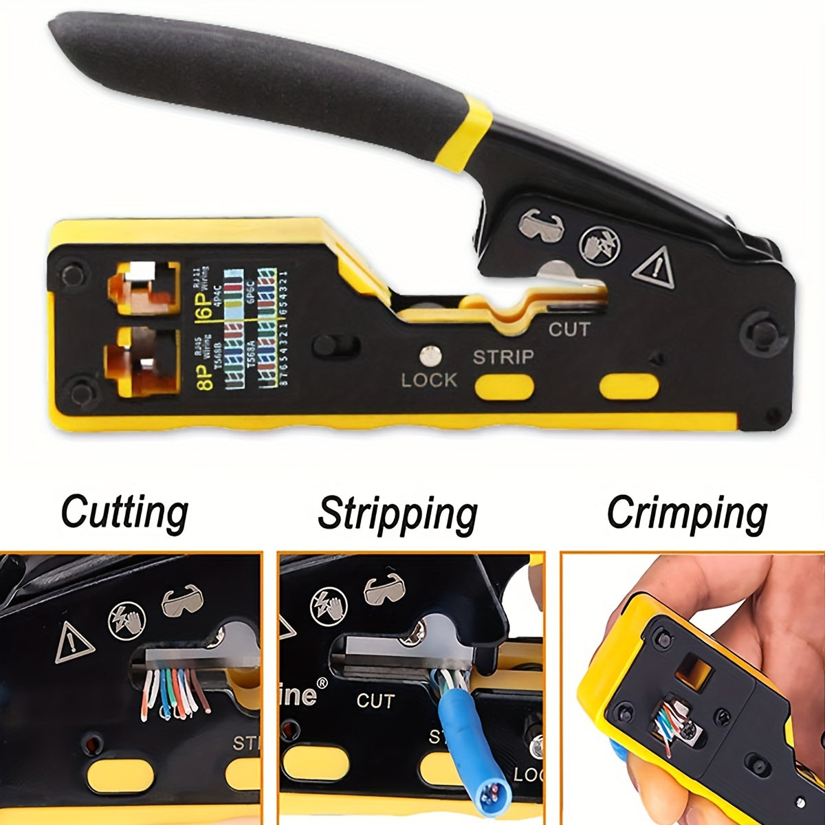 Ratcheting tool for modular data cables cutting and stripping RJ11/RJ12 and RJ45 connectors.