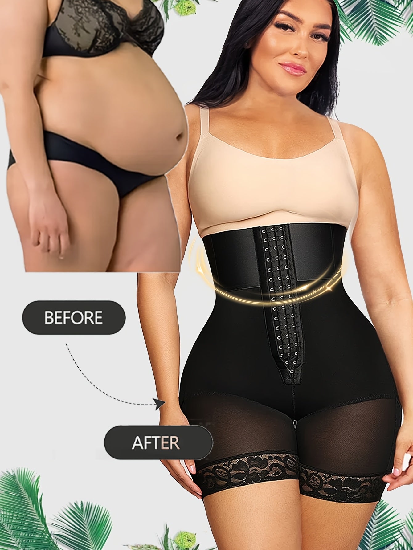 High waisted lace shapewear shorts for women, made of 69% nylon and 31% spandex knit fabric. Features contrast lace detail, no chest padding, and breathable slimming design for