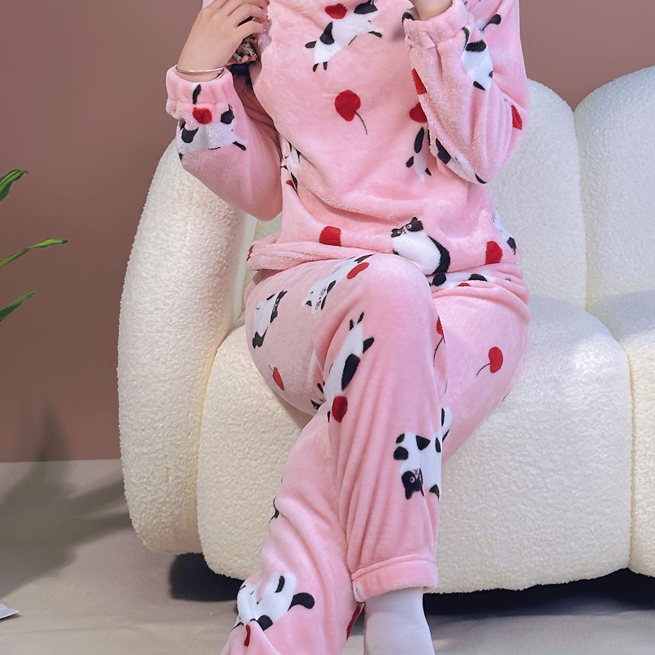 Valentine's Day loungewear set for women with long sleeves, round neck, checkered print, and floral design.