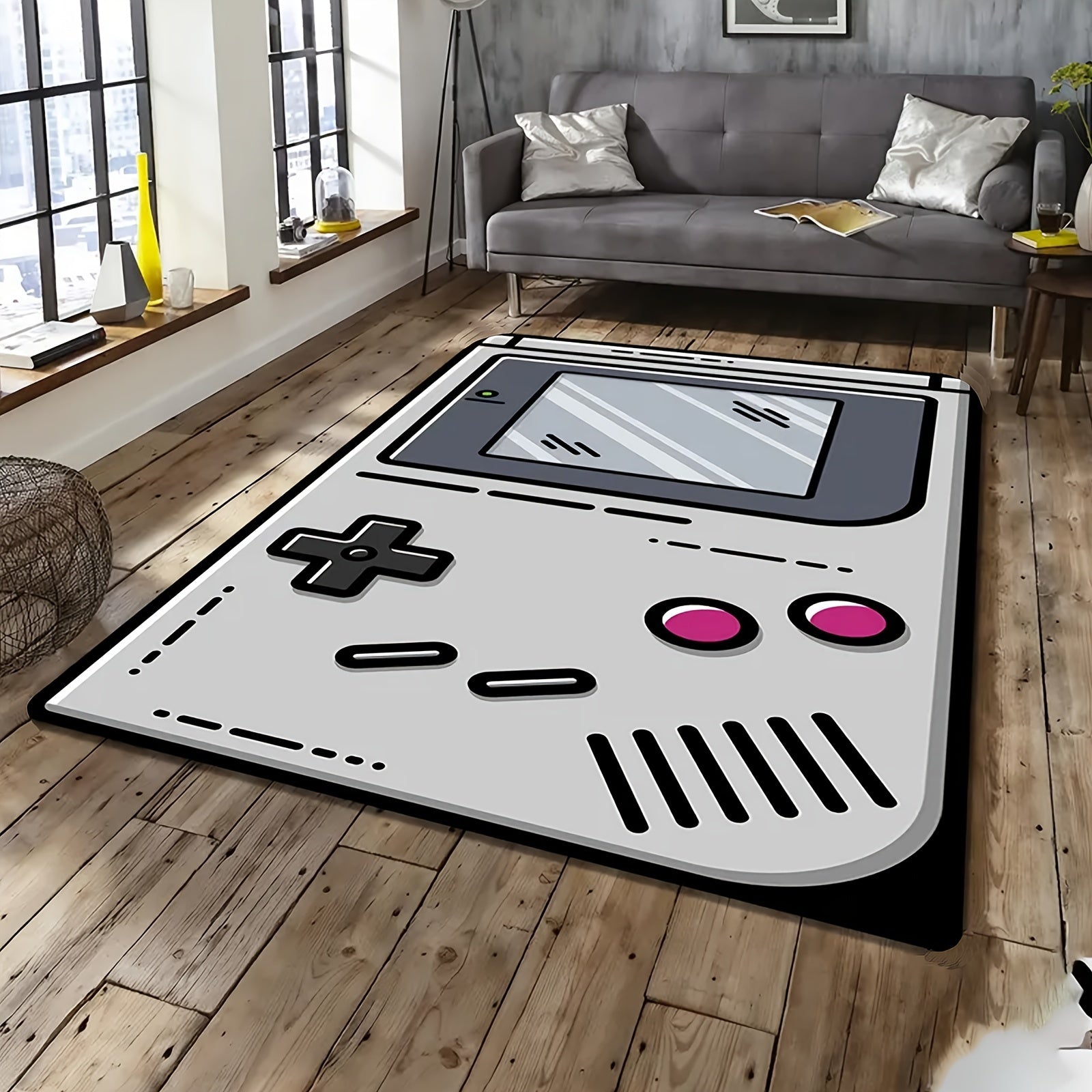 One-piece Retro Game Console Design Soft Non-Slip Area Rug, Weighing 480g per Square Kilogram, with a Thickness of 1cm. Made of Polyester through Machine-Making Process, Recommended for Hand Wash Only. Suitable for Living Room and Kitchen Decor as a