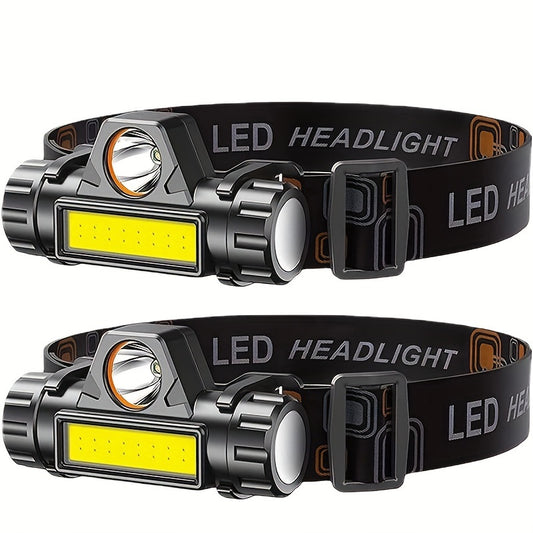 Multi-functional LED headlight with USB charging and COB light source, suitable for outdoor activities like fishing and emergency lighting.