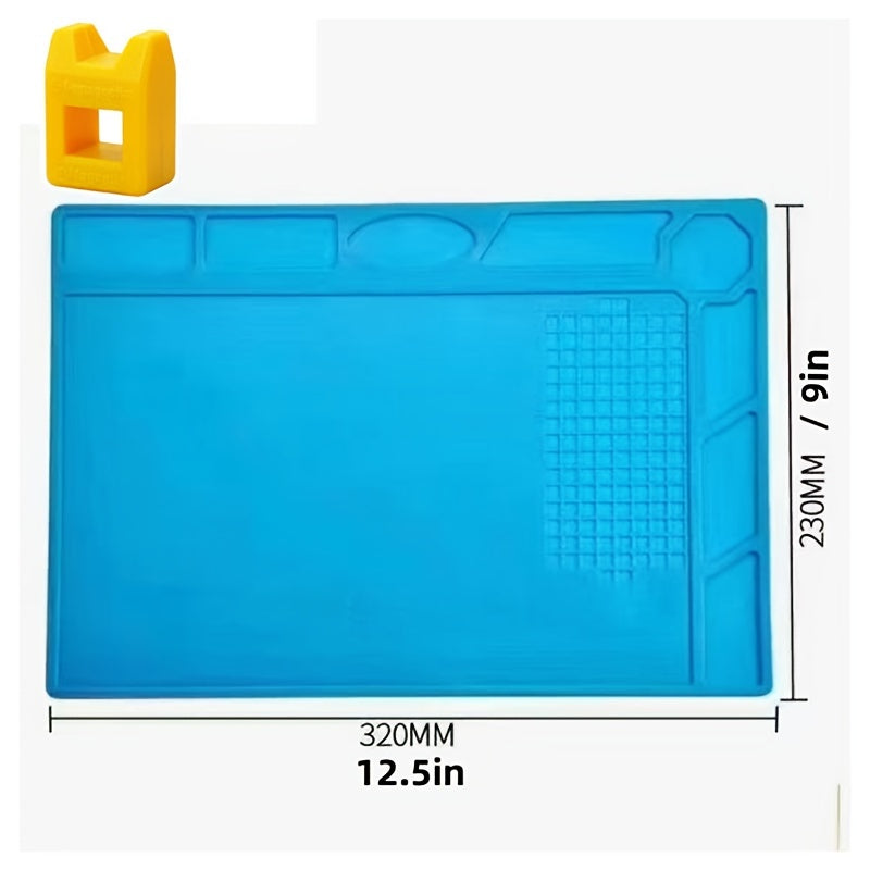 Silicone repair mat with magnetic tools for mobile phone and computer repair. Great for high-temperature heat gun welding. Ideal for digital repair workstations.