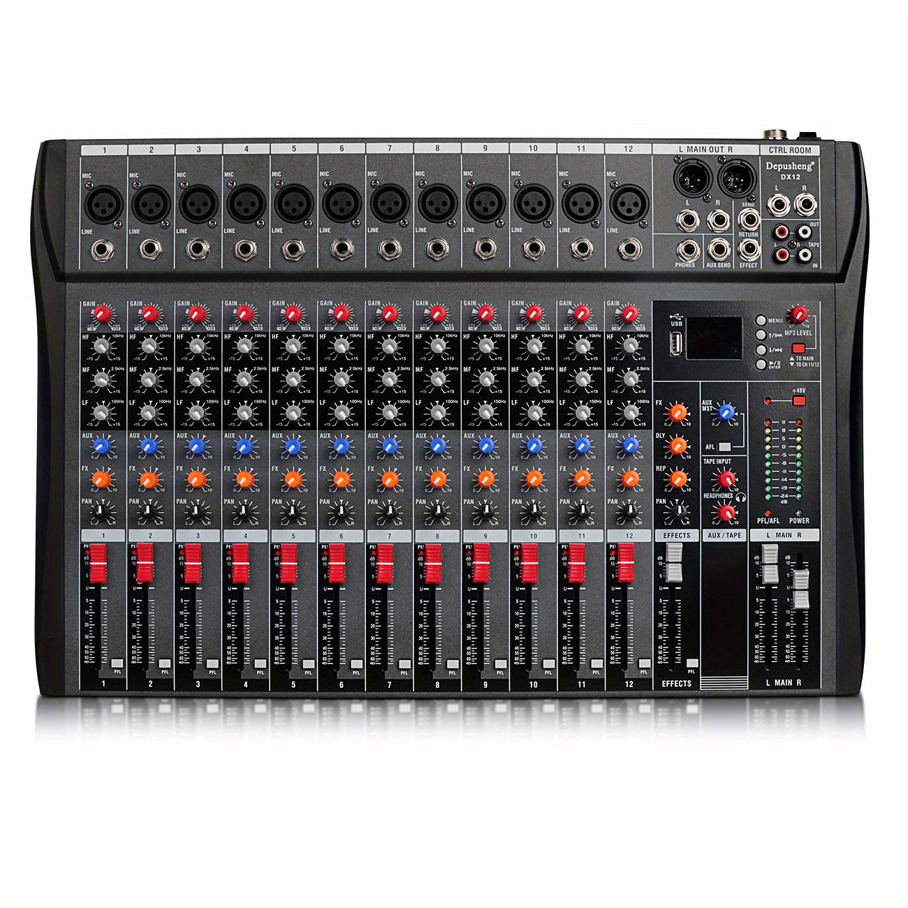 Depusheng 8/12 Channel Audio Mixer with USB, XLR Microphone Jack, 48V Power, RCA Input/Output, suitable for professionals and beginners (EU PLUG).