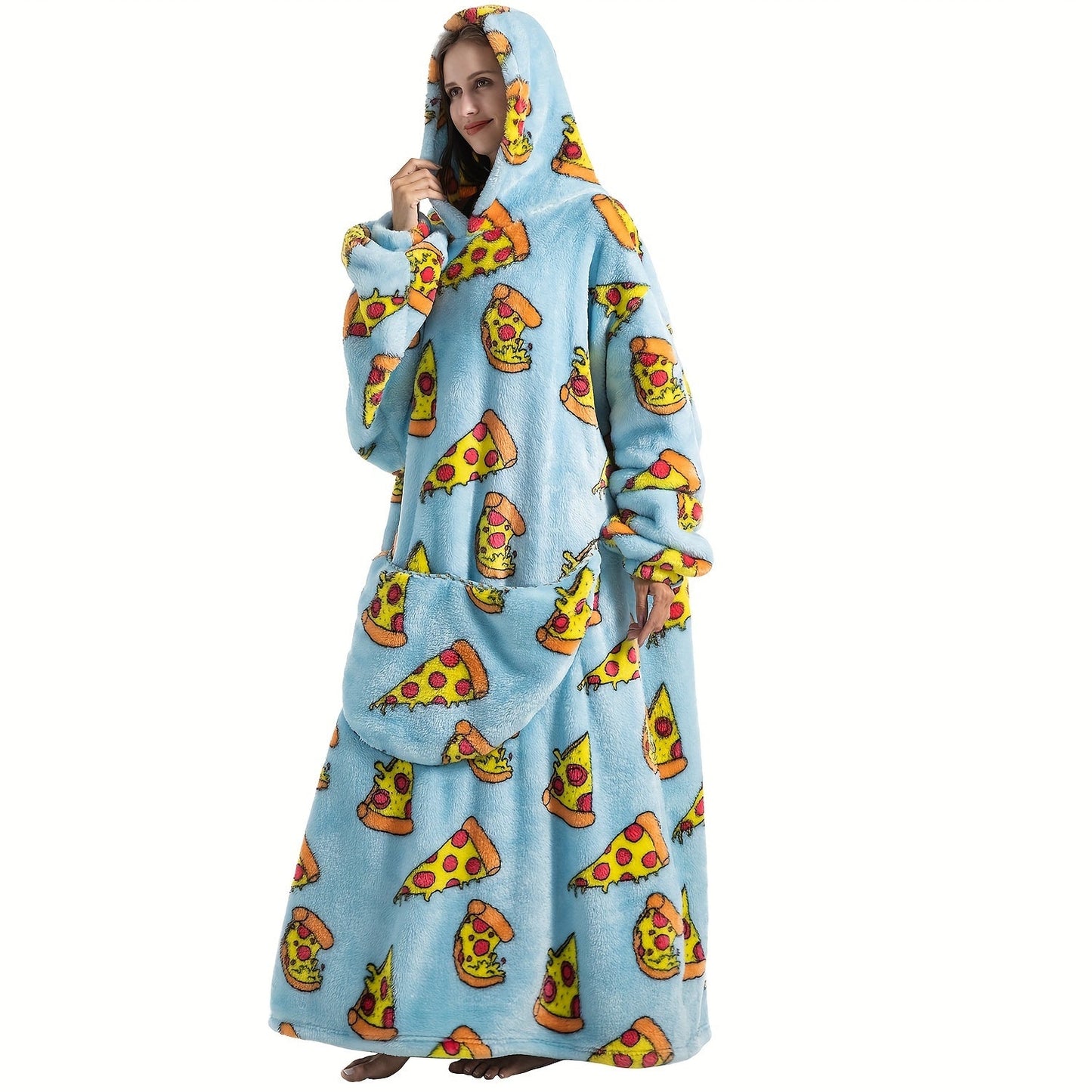 Super warm and cozy fleece oversized hoodie blanket with sleeves for adults. This wearable blanket hoodie features a giant pocket and is perfect for staying extra warm on cold days. Makes a great gift for women, men, and moms.