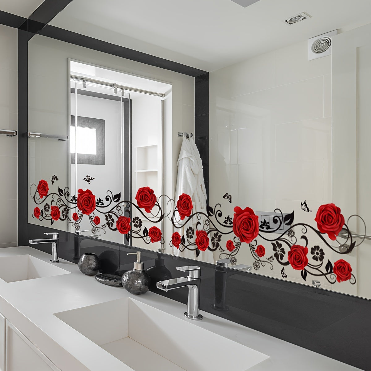 Set of two red rose vine butterfly bathtub stickers measuring 50*15cm, perfect for bathroom and home decoration. Ideal for summer.