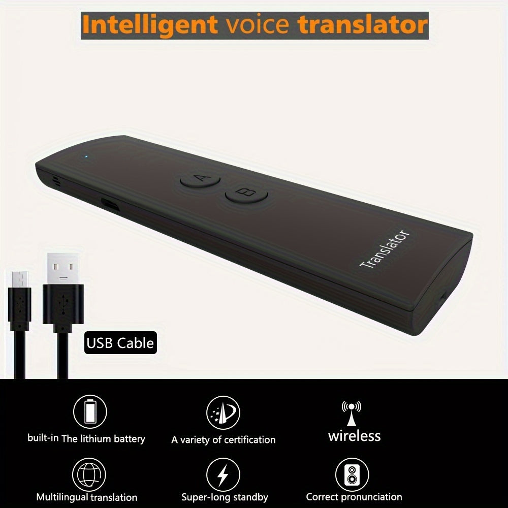 Compact portable device translates 69 languages in real-time with 2-way voice translation.