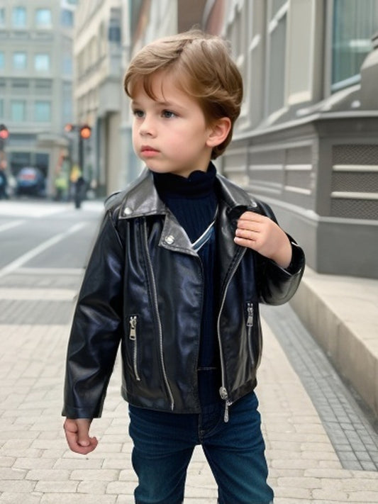 Stylish boys' motorcycle-inspired black jacket with zippered pockets, button closure, and belt detail for spring/fall.