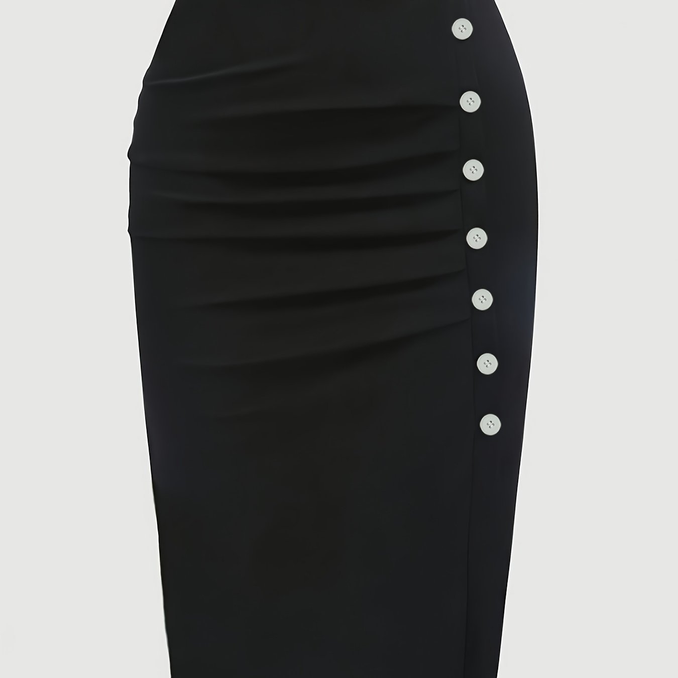 Black pencil skirt for plus size women with ruched detail and decorative buttons, high waist, made of polyester, machine washable