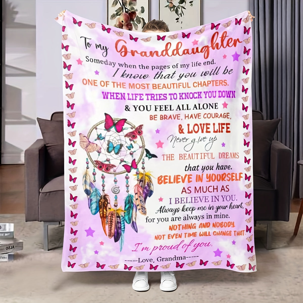 This lightweight flannel throw blanket is the perfect gift for your granddaughter. Made from soft fleece polyester knit, it features a contemporary style with a digital print. Cozy and versatile, it's great for bed, sofa, or chair. Weighing 200-250g per