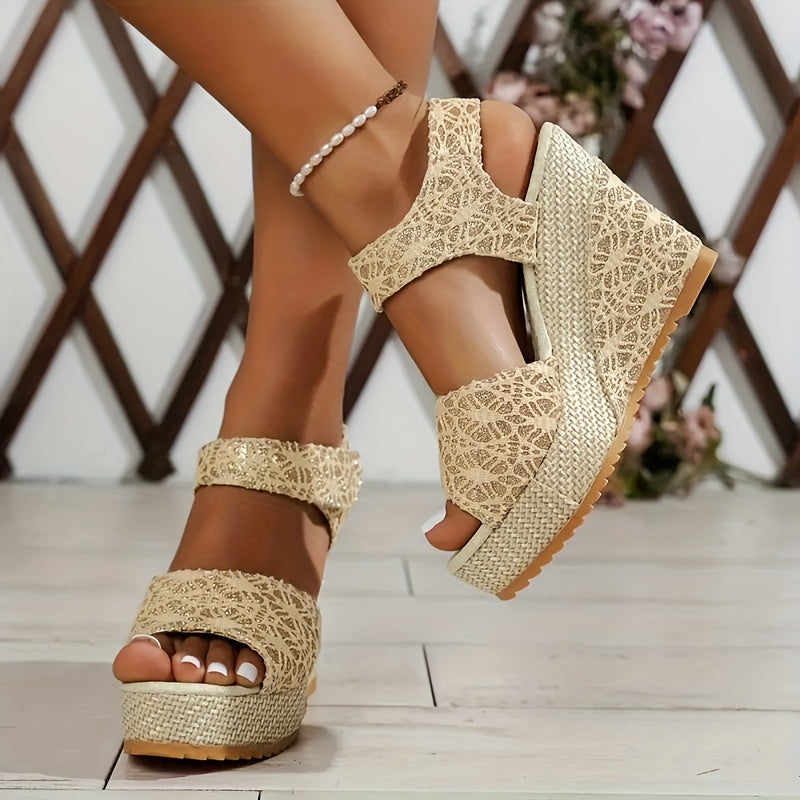 Beige lace platform sandals with round toe, high heel, hook & loop closure, synthetic upper & insole, rubber sole. Perfect for formal events.