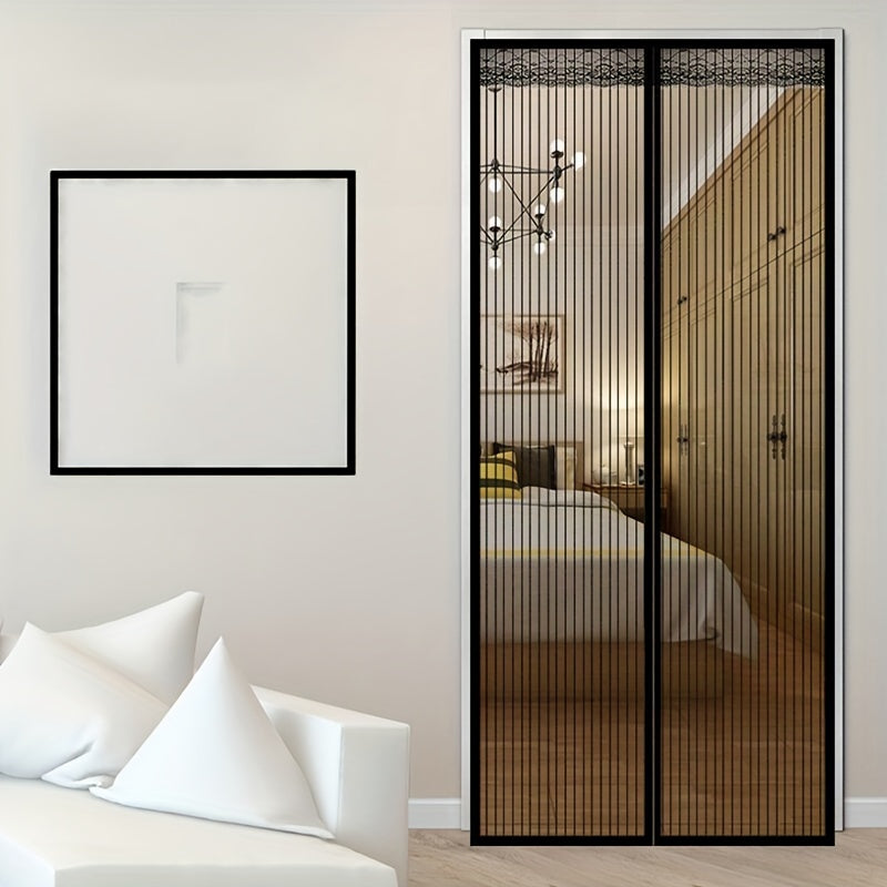 Modern black stripe magnetic screen door with automatic closing mesh for anti-mosquito protection.