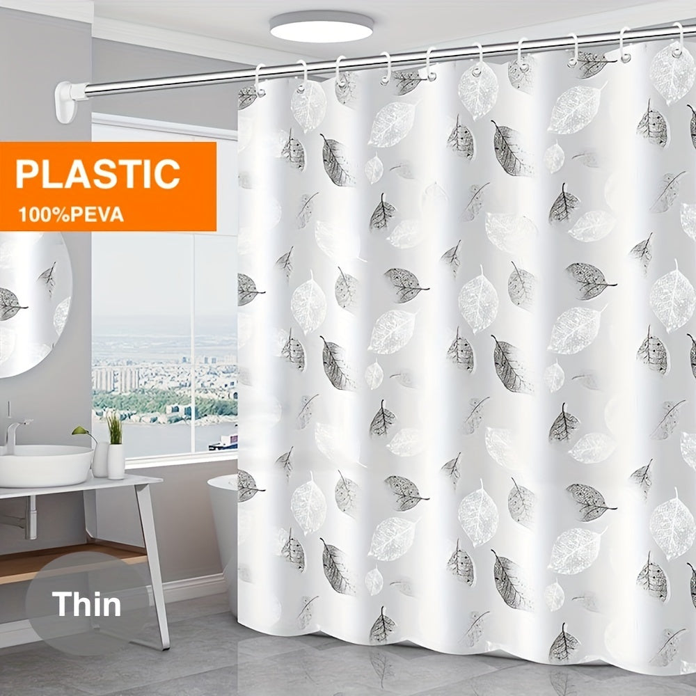 Waterproof PEVA shower curtain liner with leaf pattern and plastic hooks, suitable for various settings such as hotels, apartments, dormitories, and homes for bathroom and window decoration.