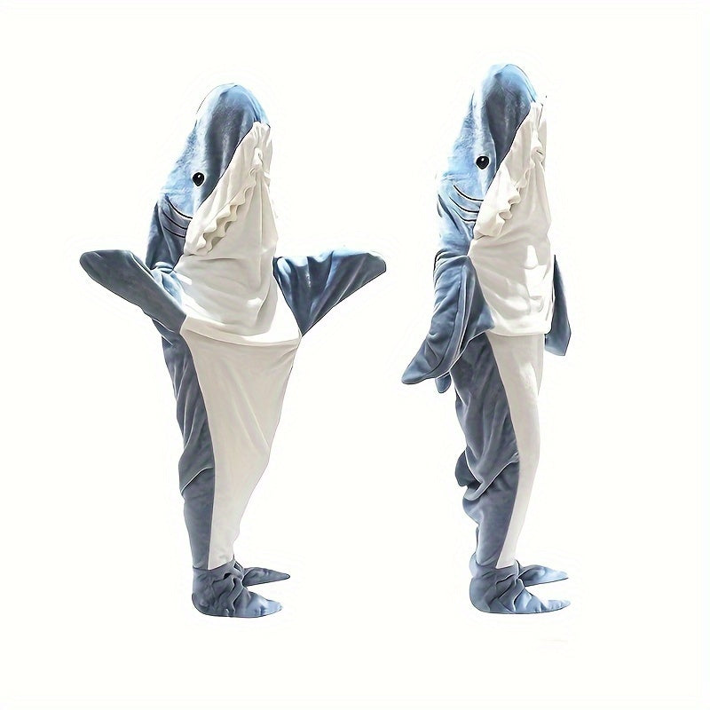 Soft and warm shark-shaped plush fleece sleeping bag, perfect for autumn and winter comfort. This cozy flannel throw blanket is great for couch, sofa, bed, and travel. Comes in gray/white, providing ultimate comfort and style.