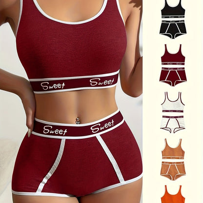 Set of 5 letter print underwear for women, featuring sports bra and boxer briefs in comfortable, soft fabric. Stay stylish and confident every day with this fashionable design.