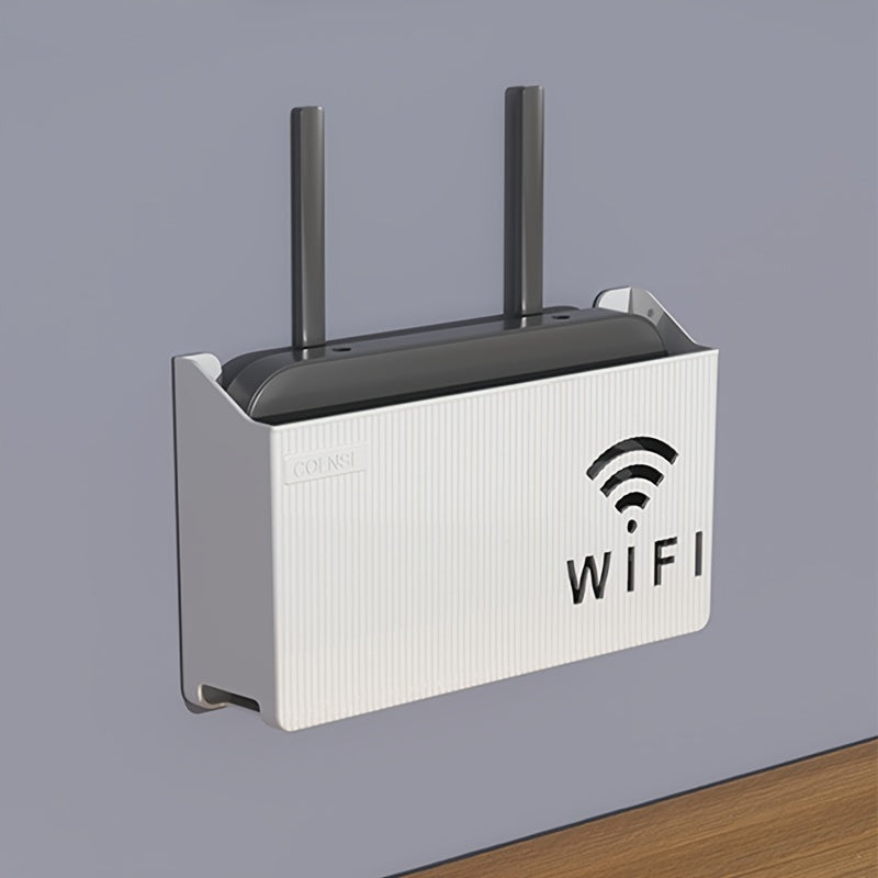 Wireless router holder with easy-install wall mount, polished finish, and utility hooks for home and office organization.