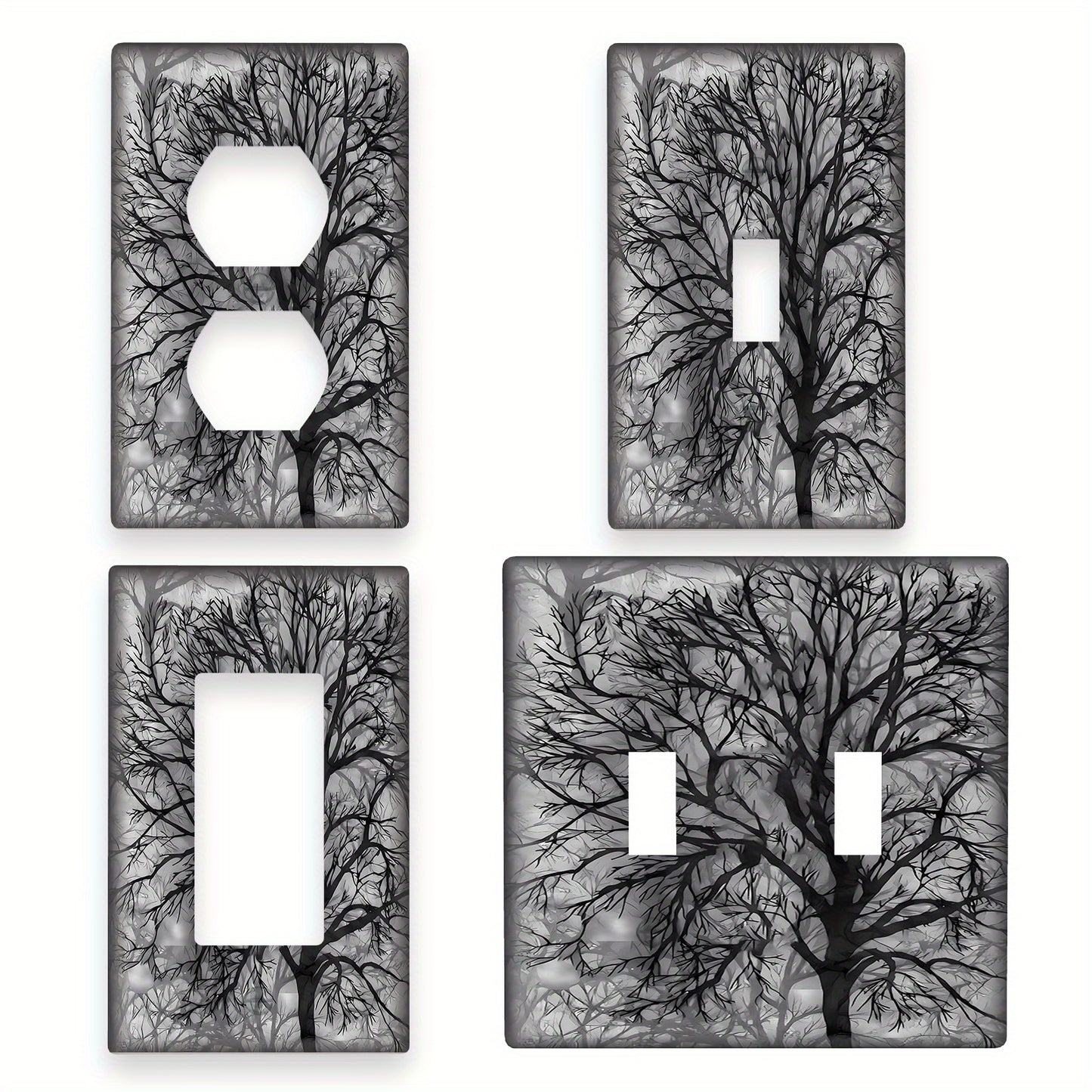 Modern tree design switch plate cover in black & grey for 1 or 2 gang wall plate. Ideal for home decor in bedrooms and kitchens. Comes in a pack of 1.