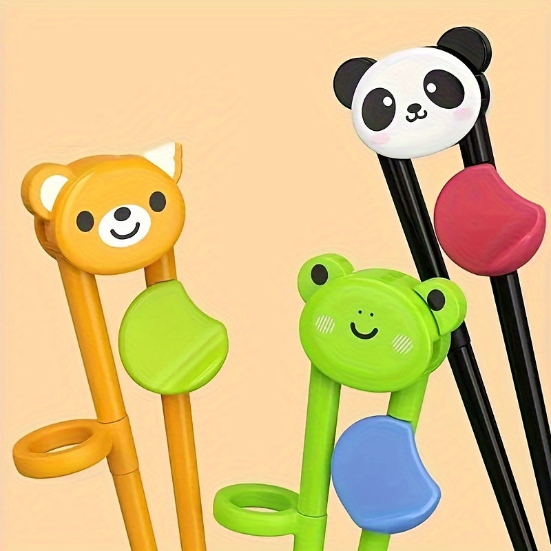 Colorful animal-themed training chopsticks with cute panda, tiger, and bear designs. Durable plastic perfect for kids to learn dining etiquette.