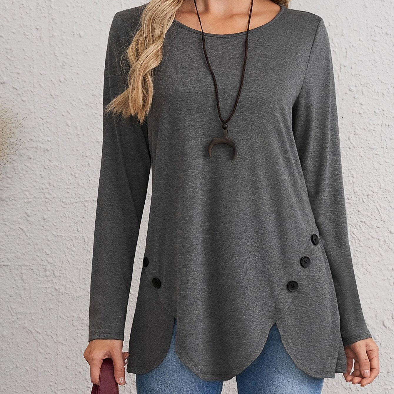 Stylish European & American Long Sleeve T-Shirt for Women - Features Decorative Buttons, Crew Neck, Stretchy Polyester Blend - Ideal for Spring/Fall seasons.