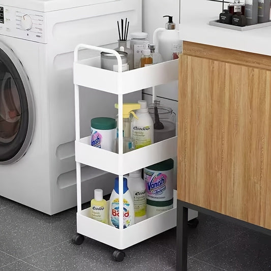 The white storage rack with wheels is a versatile 5-tier solution for organizing items in the kitchen, bathroom, or living room. It is ideal for storing snacks and coffee pods.