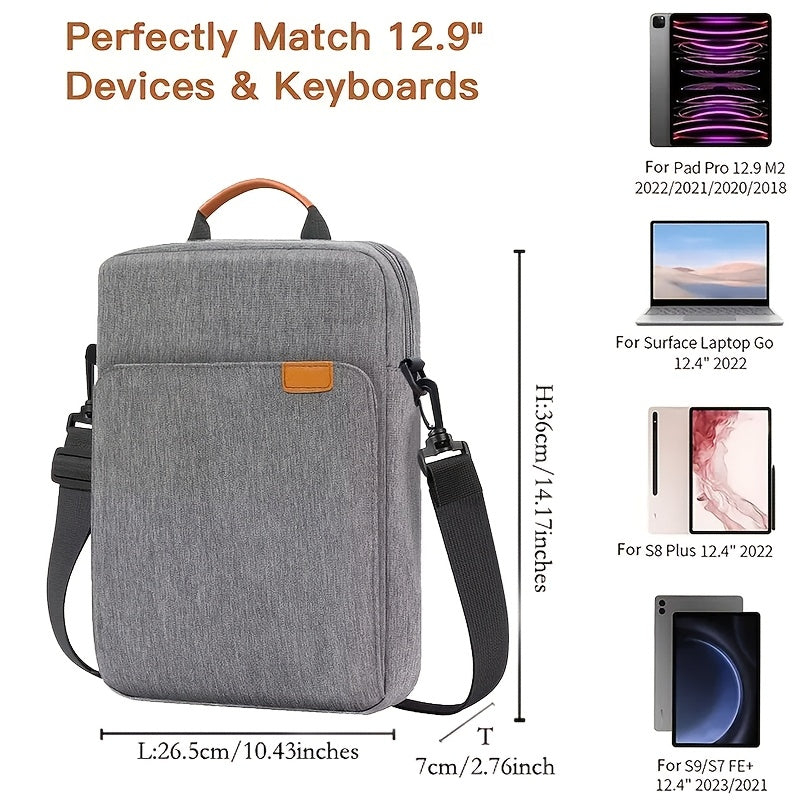 Durable polyester laptop bag, waterproof and shockproof, with lightweight shoulder strap and rolling function. Fits tablets up to 27.94cm and laptops up to 33.02cm, compatible with MacBook