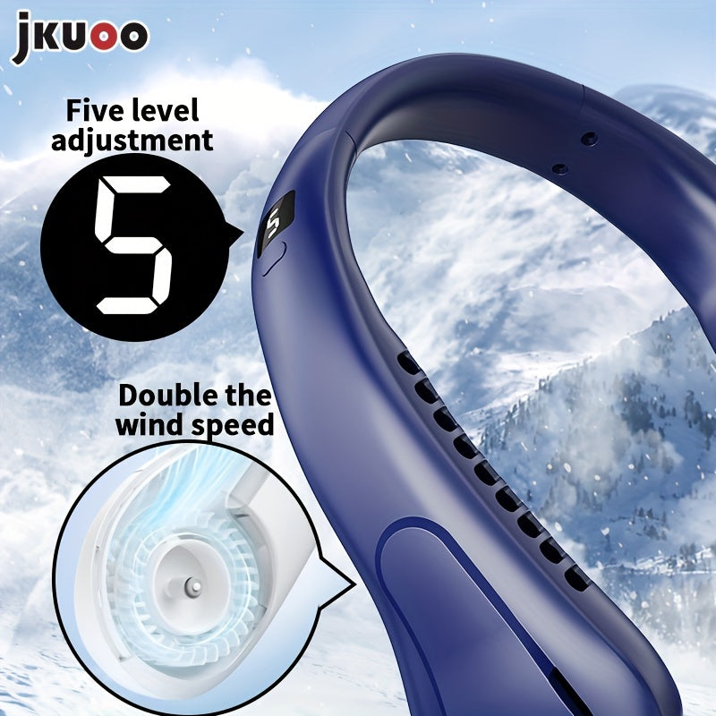 Top Pick: JKUOO Ultra-Quiet Neck Fan - Rechargeable via USB, 5-Speed Adjustments, Rapid Cooling with Comfortable Silicone Handle, Ideal for Home, Work, Travel, and Exercise