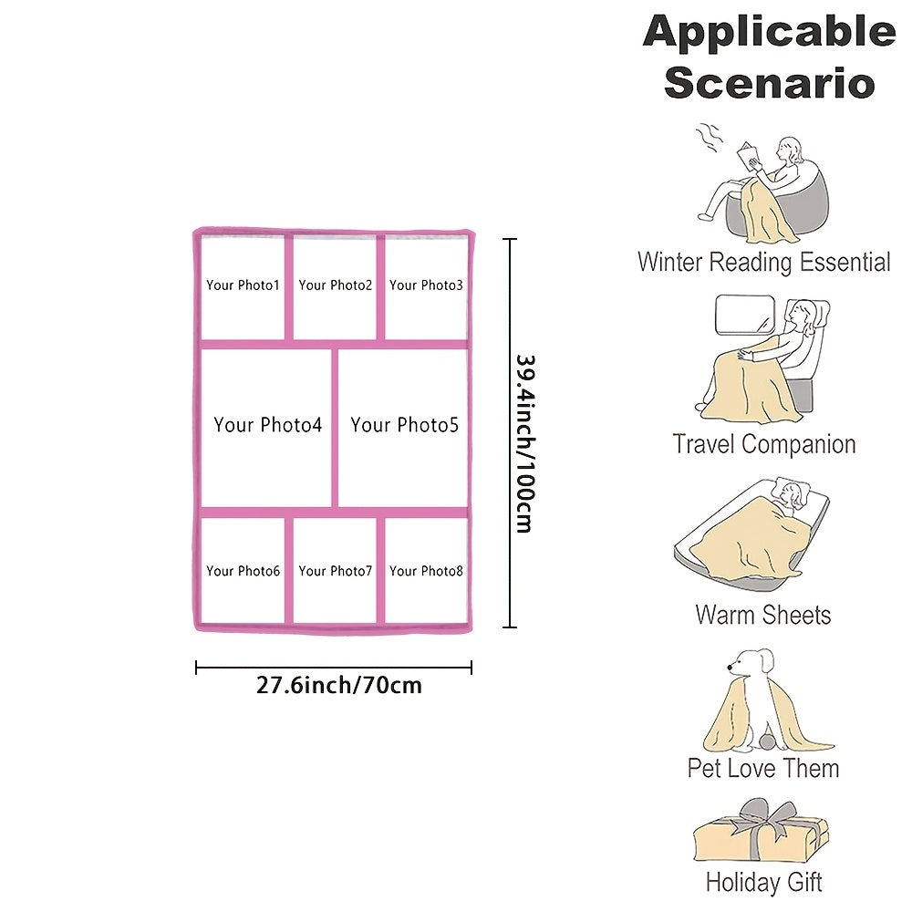 Customize your cozy flannel blanket with a personal photo! This soft and warm memory blanket is perfect for couples or families and is ideal for use in the office, bed, sofa, armchair, napping, camping, or travel. The machine washable blanket features a