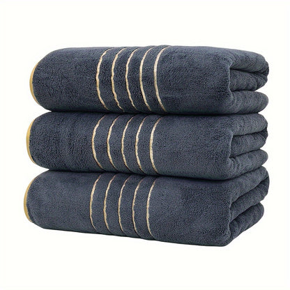 Three MidEnsi Microfiber Bath Towels with Quick-Dry Technology and Super Absorbency. Striped design in White, Blue-Gray, and Black. Ideal for Spa, Yoga, Fitness, and Bathroom. 70 x 140 cm.