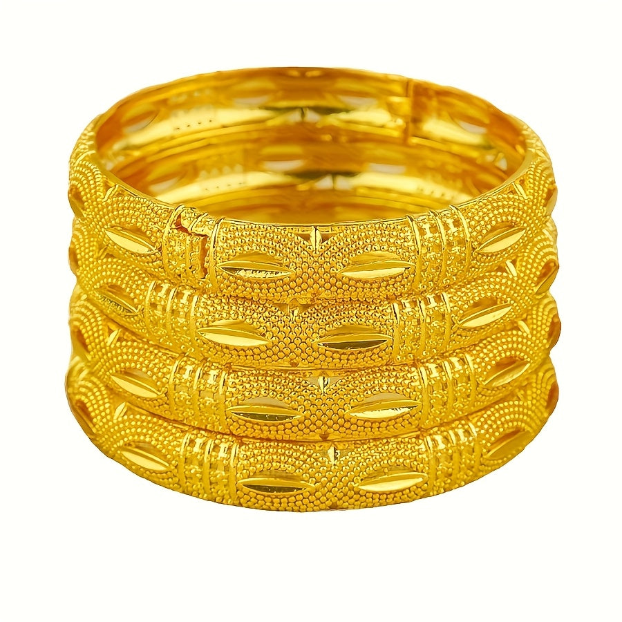 Set of 4 Luxury Bangles Plated in 24K Gold, Inspired by Arabian Style, Made of Copper with an Open Cuff Design, Perfect Fashion Jewelry for Women. Ideal for Weddings, Parties, and Gifting, Suitable for All Seasons.