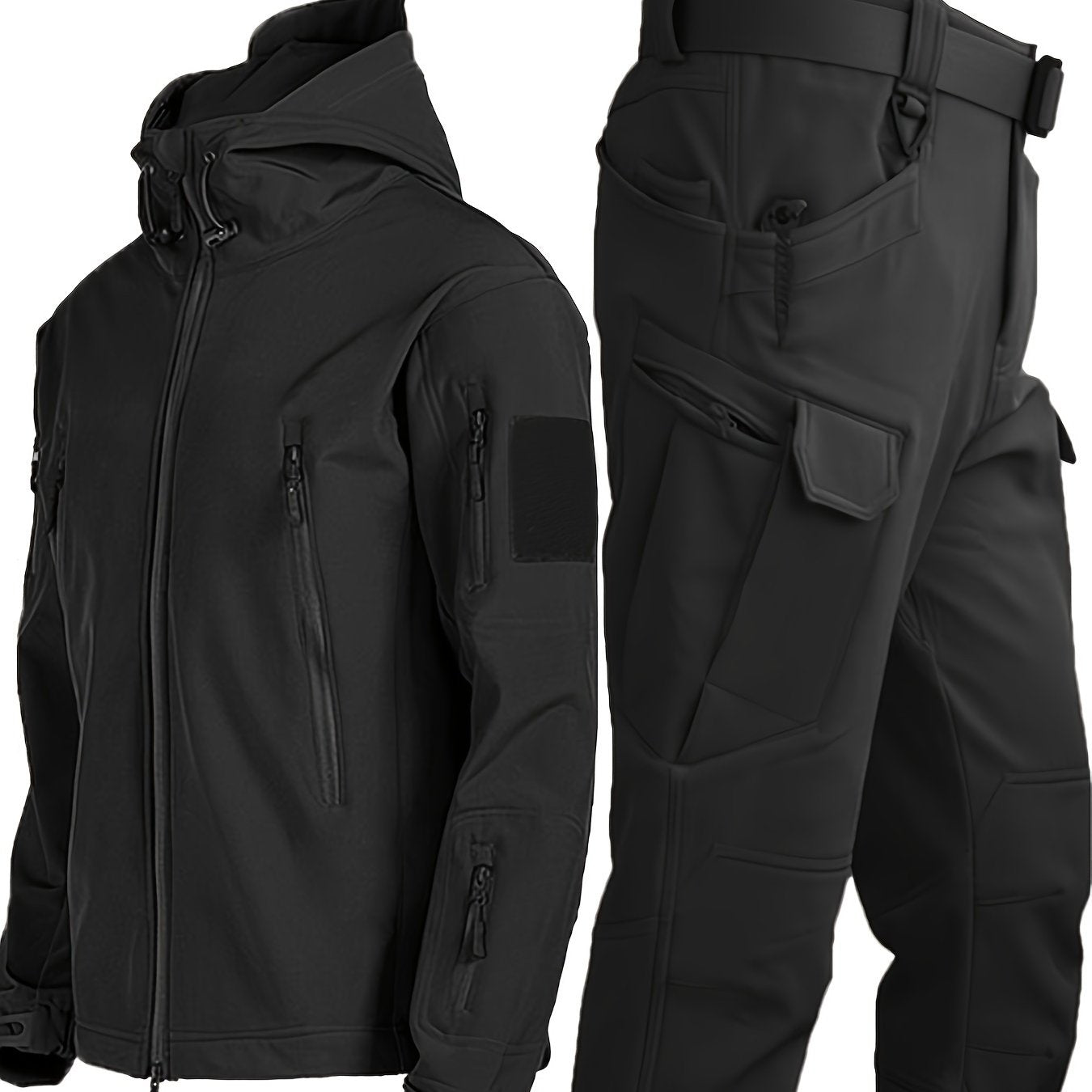 Men's outdoor thermal outfit with softshell jacket and cargo pants, ideal for outdoor activities.