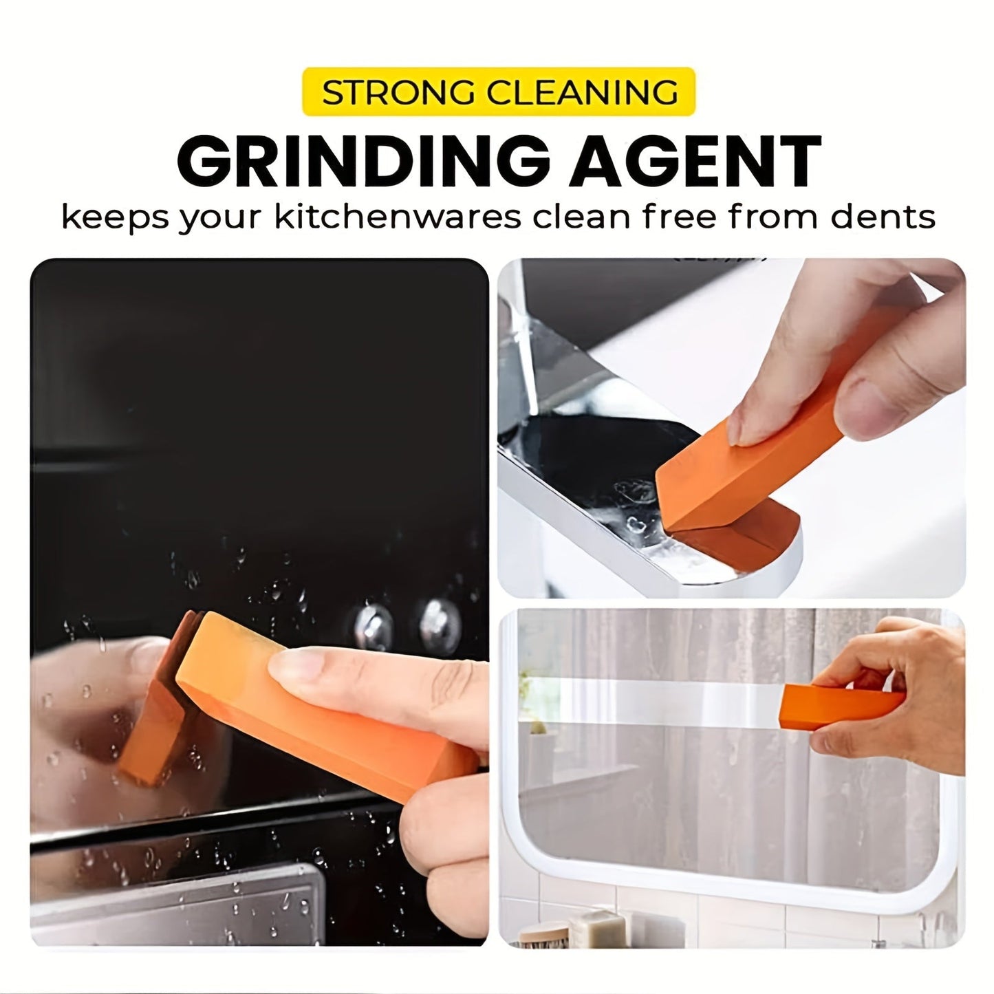 Three-piece set of stainless steel erasers with orange rubber, designed to remove rust in kitchens and bathrooms. Ideal for cleaning toilet stains at home.