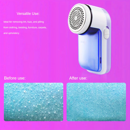 Fabric shaver, also known as electric lint remover, for removing lint, fuzz, and pilling from clothes, bedding, furniture, and carpet. Battery-operated and portable.