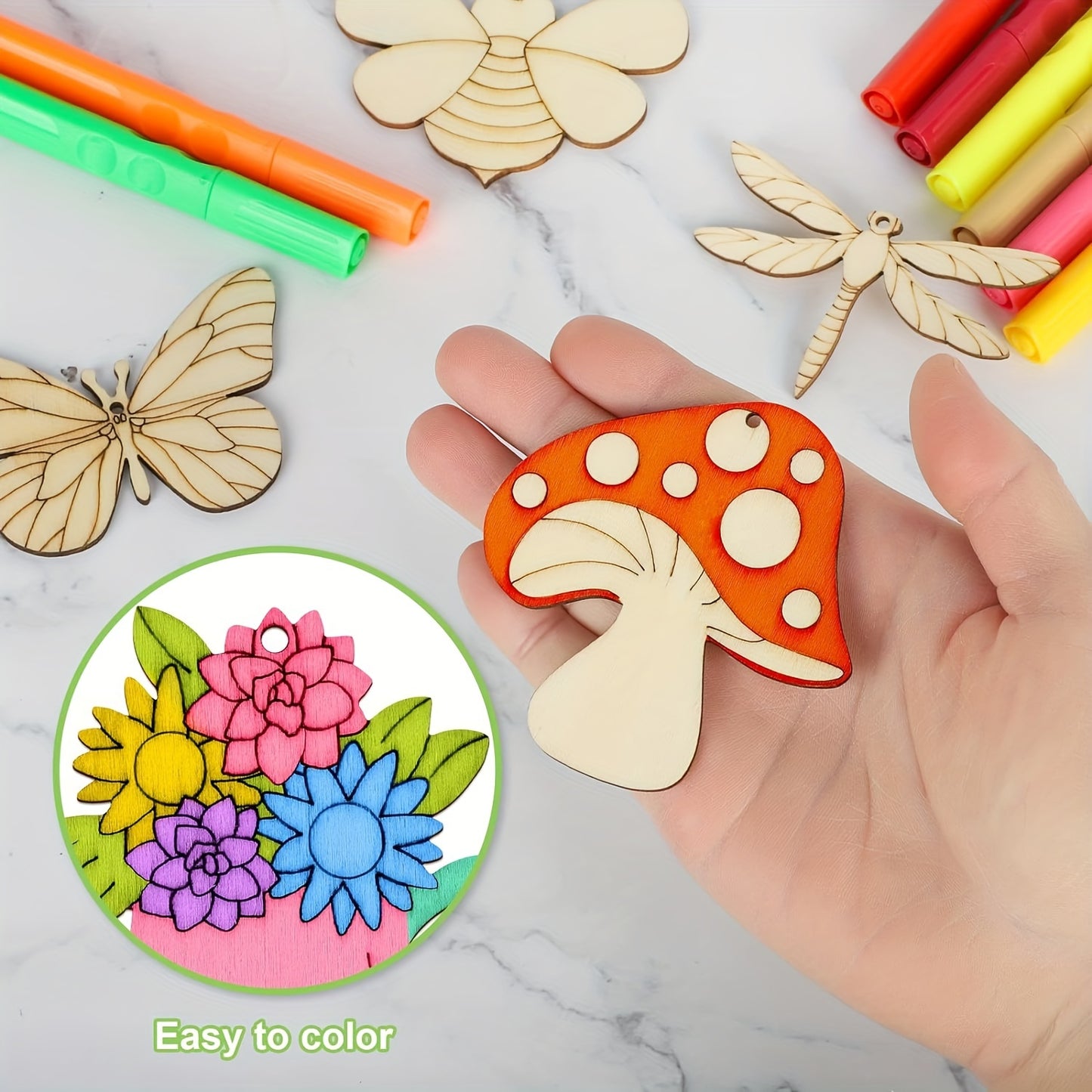 288 wooden insect-themed crafts for kids, including 36 blocks, 12 watercolor pens, 202 rhinestones, and 2 stickers, ideal for DIY birthday crafts.