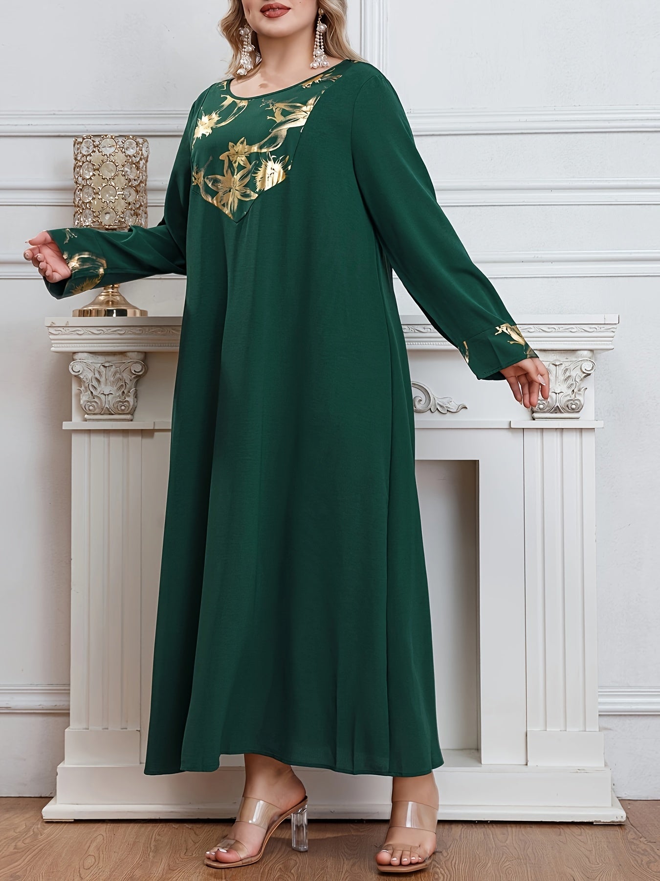 Elegant Plus Size Tunic Dress in Middle Eastern Style, 100% Polyester, Crew Neck with Random Print.