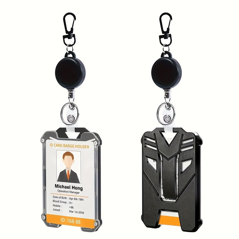 Durable retractable ID badge holder with carabiner clip and keychain, vertical card holder with convenient pull buckle for easy access.