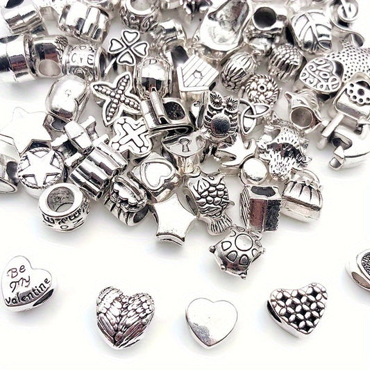 60 pieces of zinc alloy engraved large hole bead charms for making DIY bracelets, necklaces, and other jewelry accessories.