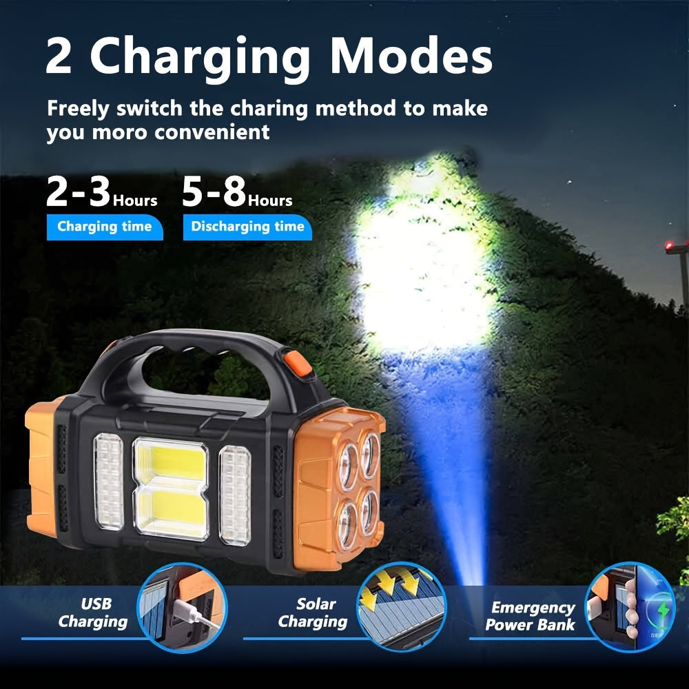 Portable lantern with emergency lighting for camping and fishing, can be recharged with solar or USB.