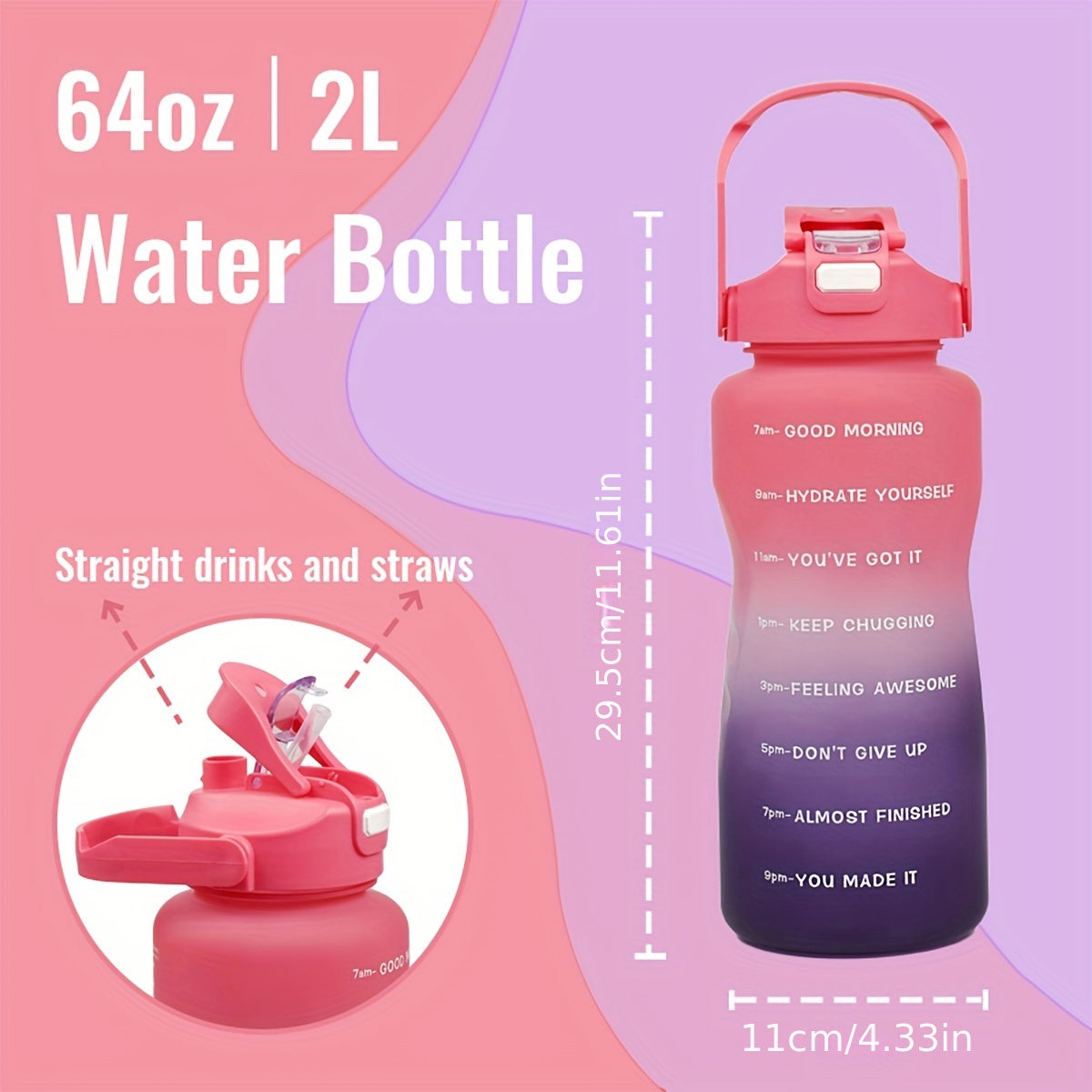 68oz gradient water bottle with motivational time markers, leak proof straw, ideal for running and sports, hand wash only, PVC free, great holiday gift option.