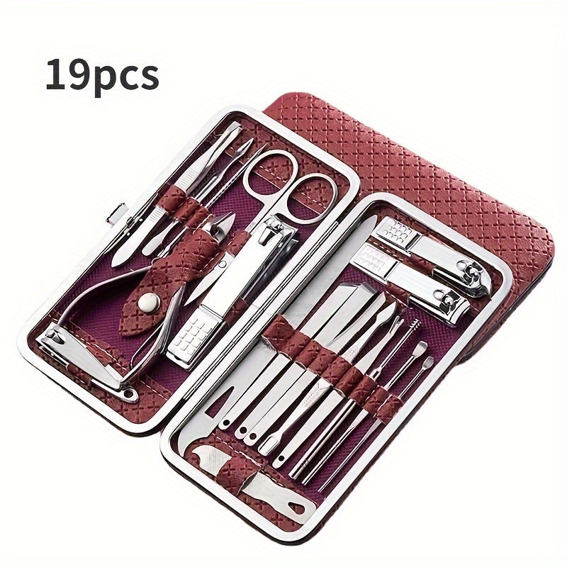 Set of 8 or 19 stainless steel nail clippers and manicure tools for foot care.