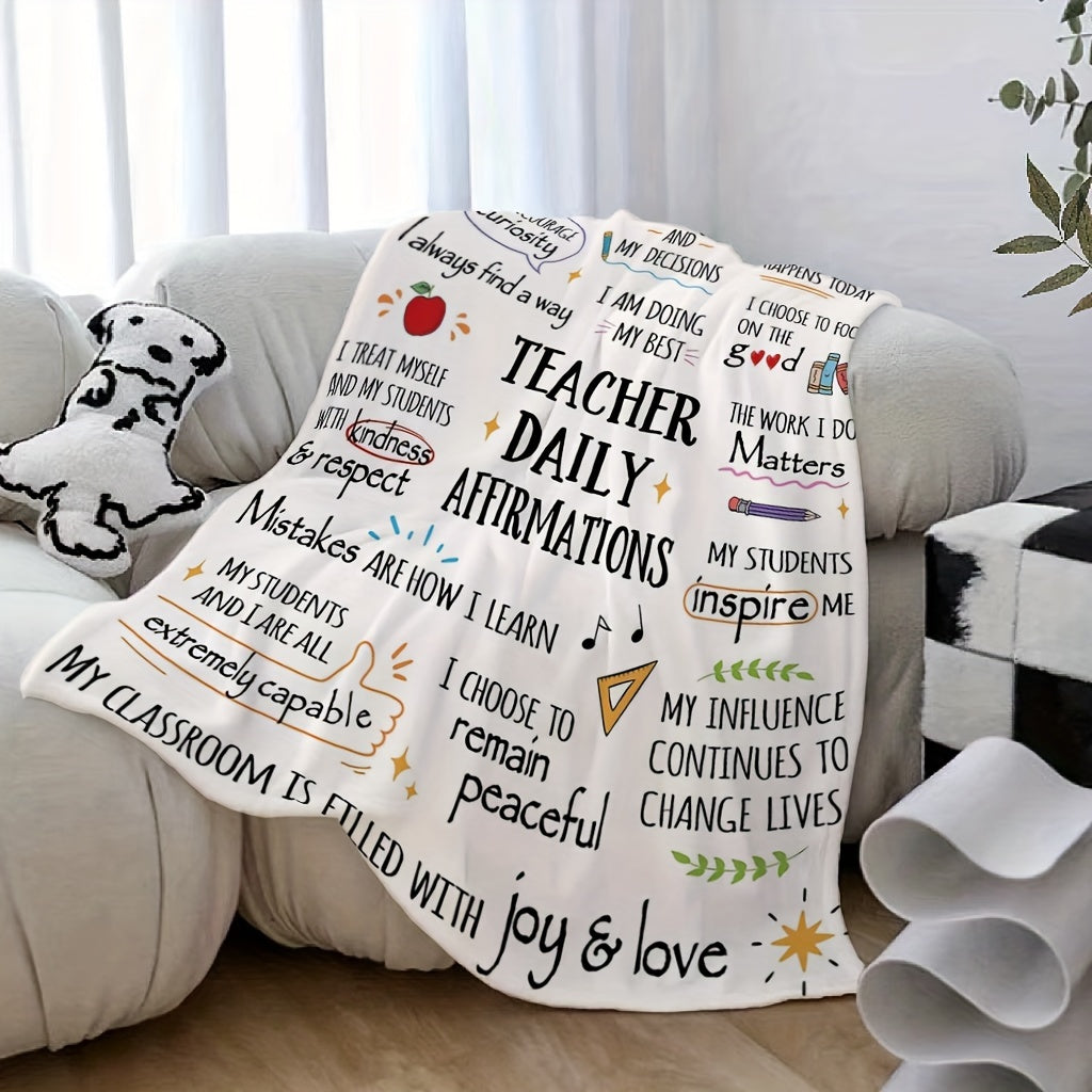 Soft and cozy flannel fleece blanket featuring a contemporary design perfect for teachers. This all-season blanket is reversible and easy to care for with machine washable polyester cover and lining. Made with 250-300g fabric, this multi-purpose gift is