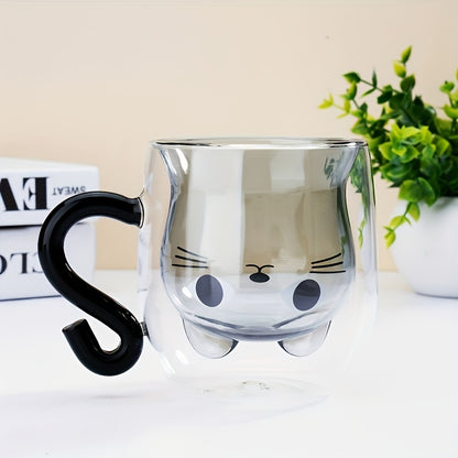 Double-walled glass coffee mug with cat design - reusable cup for hot and cold drinks - ideal gift for birthdays or holidays.