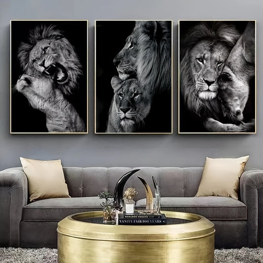 3-piece unframed canvas poster featuring modern art of an animal family, specifically lions. Perfect gift for bedroom, living room, or corridor. Adds winter decor and room decoration.