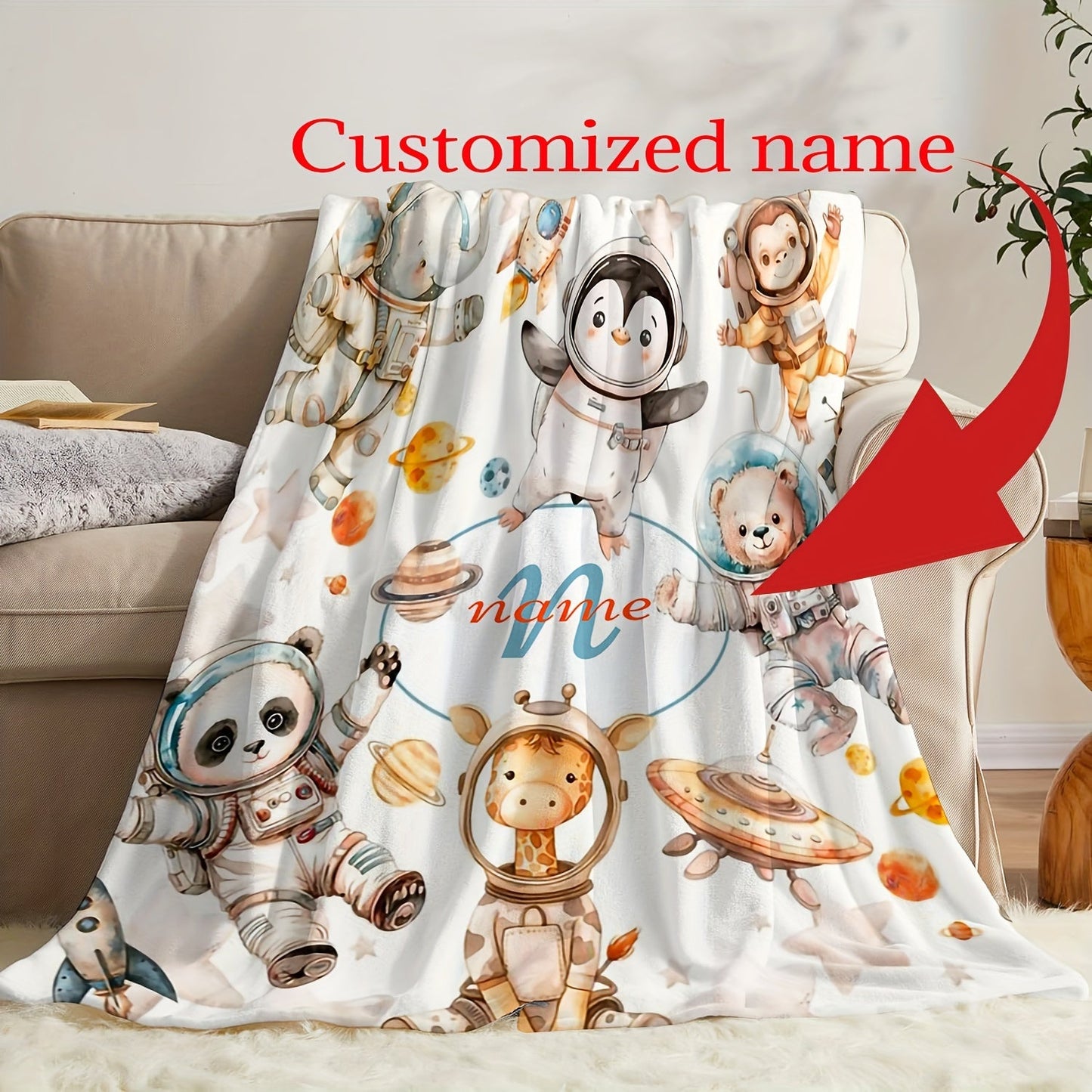 Personalized Astronaut Animal Flannel Fleece Blanket - Customize with Any Name - Space-Themed Cozy Throw for Boys, Kids, and Friends - All-Season Reversible Digital Print Bedding for Camping, Sofa, or Office - Made from Machine Washable Lightweight